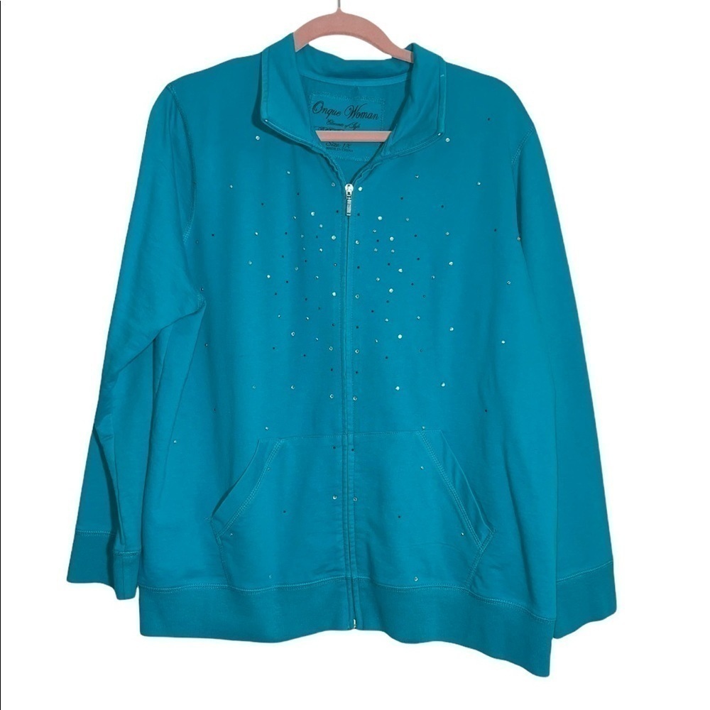 Onque Women Clothing. Full Zip Lightweight Embellished Jacket. Teal Blue